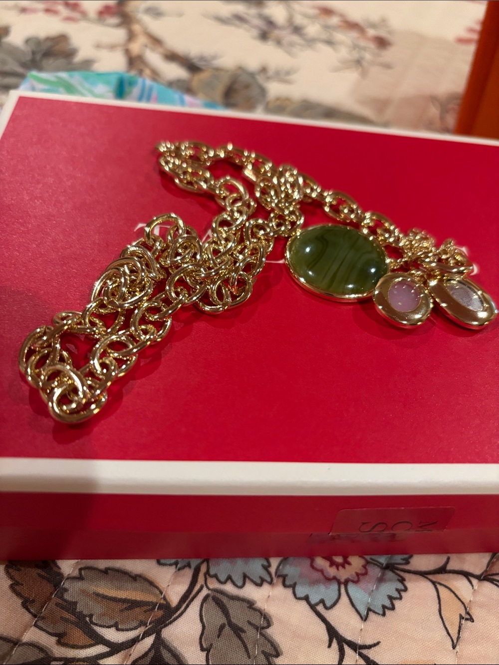 Gold Chain Necklace with Green and Pink Stone Charms nwot